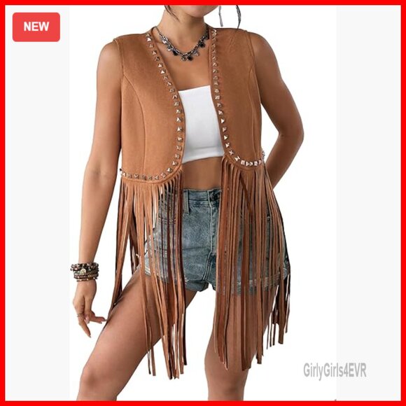 Jackets & Blazers - Faux Suede Fringe Vest with Studs, Sleeveless Western Boho Jacket